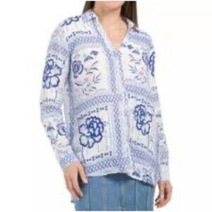 Halston Shirt Womens Size L Blue Floral Botanical Beach Summer Linen Button Up